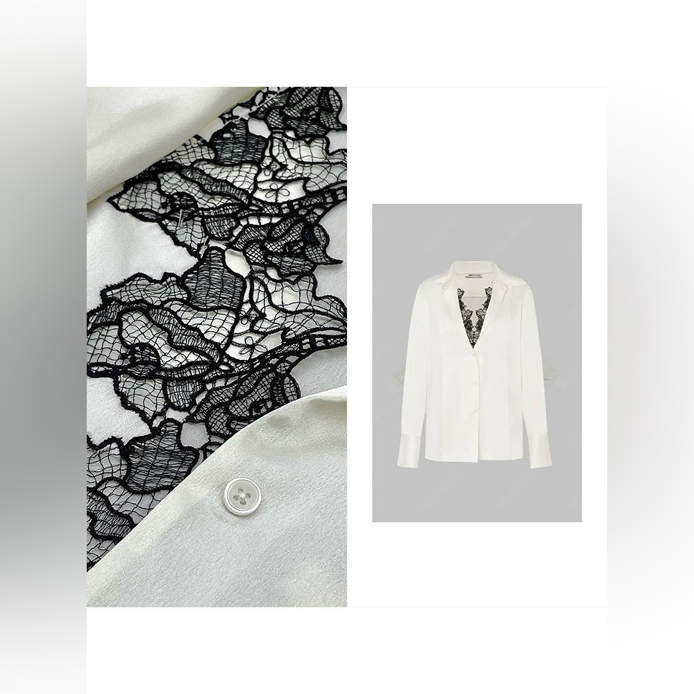 Elegant White Blouse with Black Lace Detail